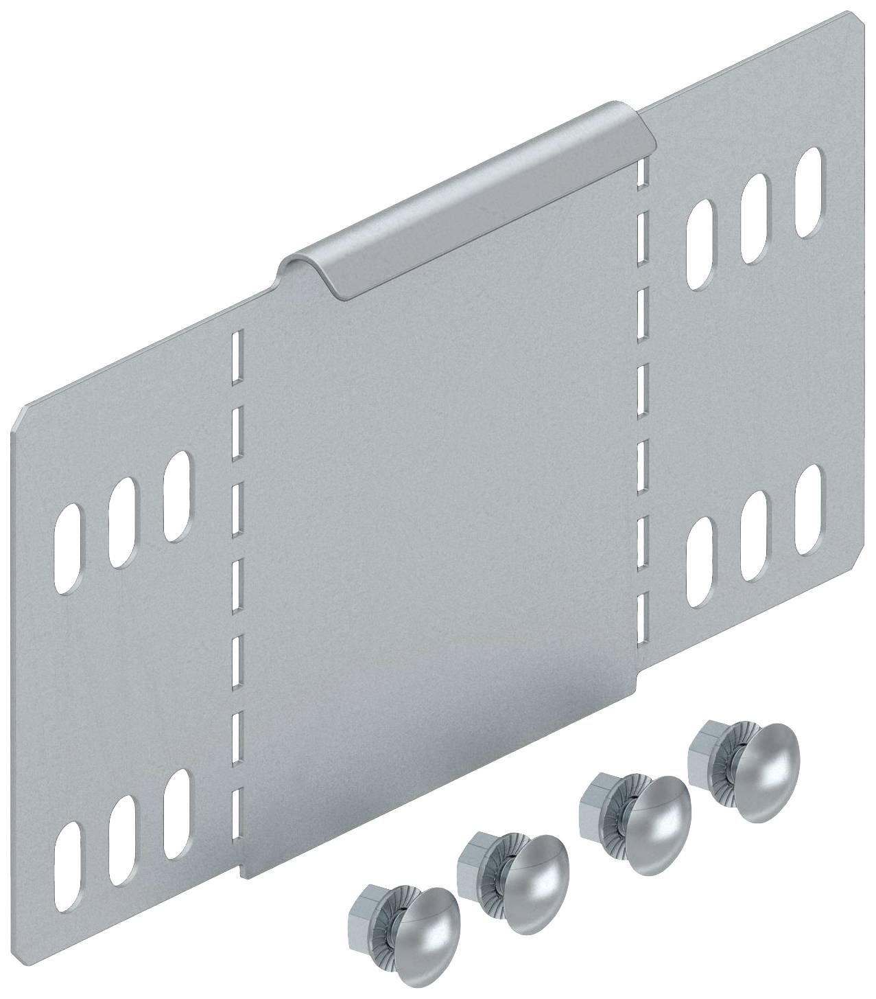 Metallplatte mit gebogener Kante und Löchern zur Befestigung. Vier dazugehörige Schrauben darunter.