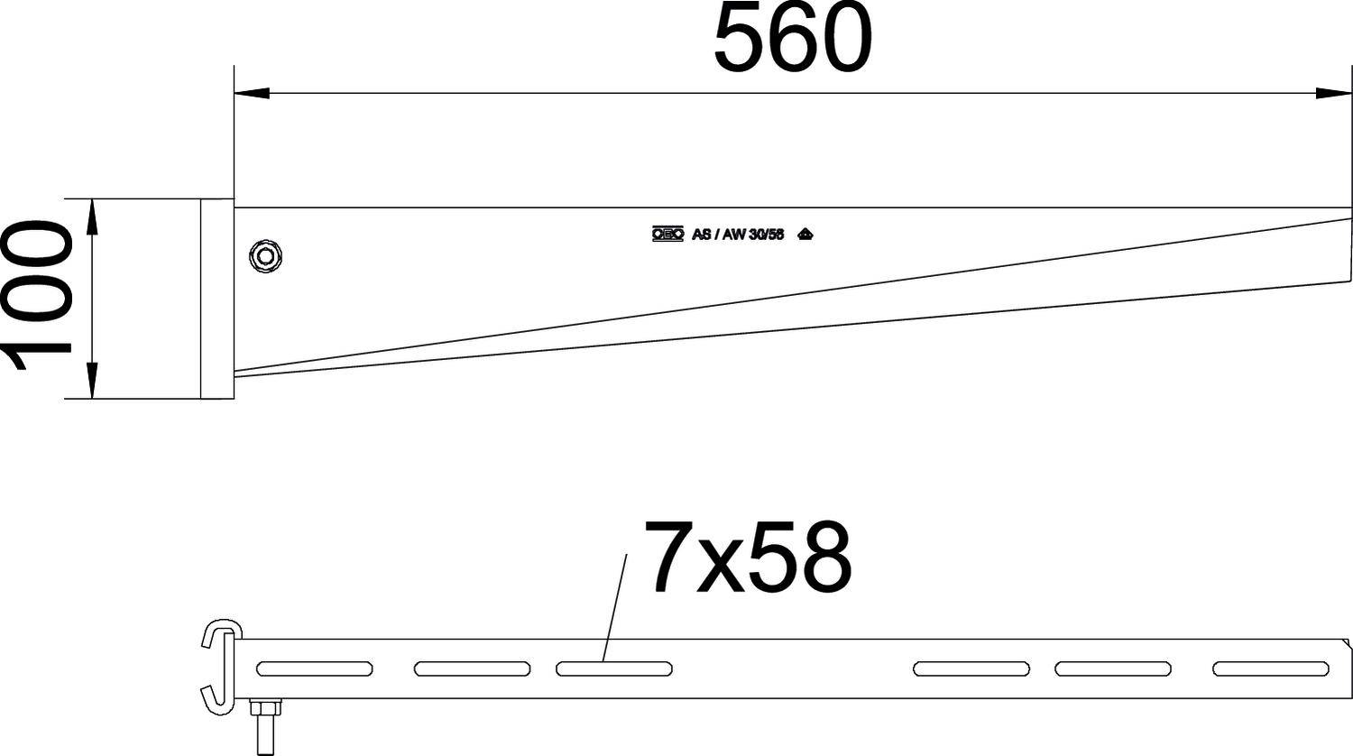 Technische Zeichnung eines Winkelauslegers: Länge 560 mm, Höhe 100 mm, mit 7 Öffnungen von 58 mm.