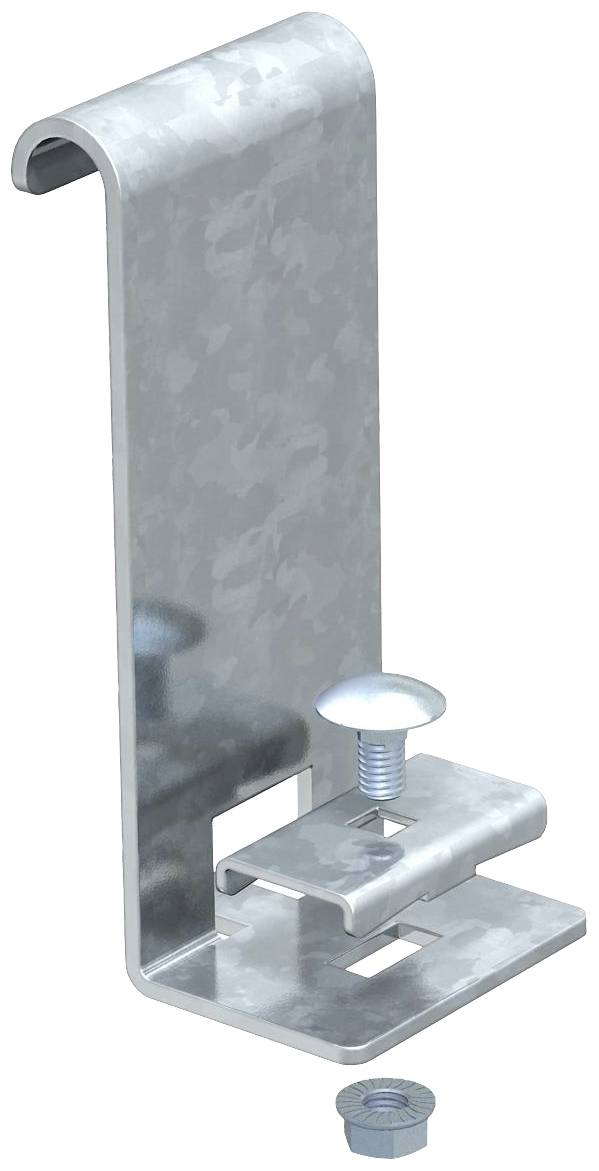 Eine silberne Metallhalterung mit Schraube und Mutter, die zur Befestigung verwendet wird.