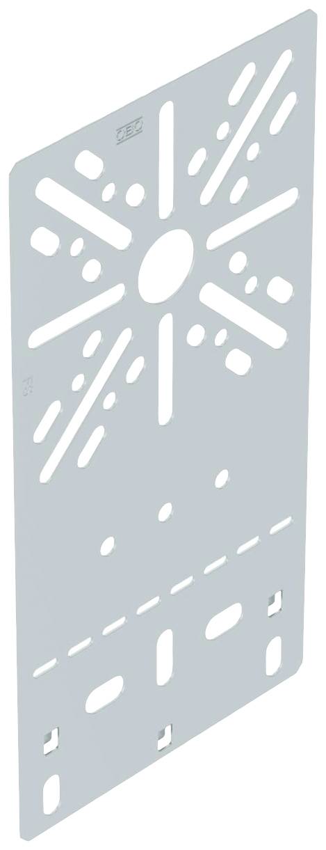 Metallplatte mit verschiedenen Schlitzen und Löchern zur Befestigung oder Montage. Rechteckige Form mit abgerundeten Ecken.