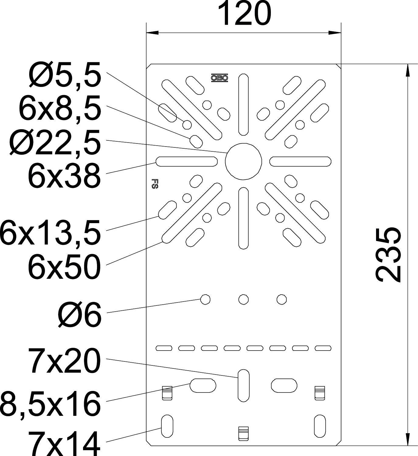 Technische Zeichnung eines rechteckigen Metallteils mit verschiedenen Bohrungsdurchmessern und Abmessungen; 120x235 mm.