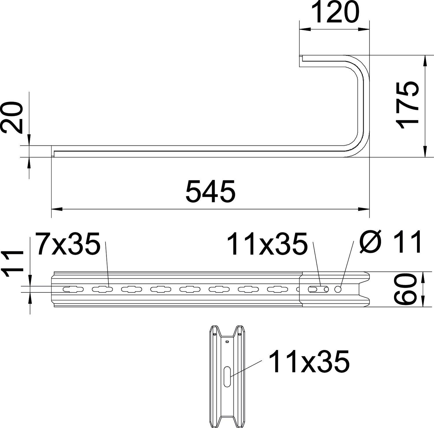 Technische Zeichnung eines Metallprofils mit Maßen: 545 mm Länge, 175 mm Höhe, 120 mm obere Breite, 60 mm untere Breite.