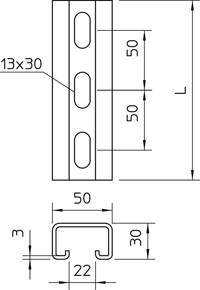Technische Zeichnung eines Metallprofils mit U-Form. Maße: 13x30, 50x50, 22 Breite, 30 Höhe, 3 Stärke. Längendifferenz 'L'.
