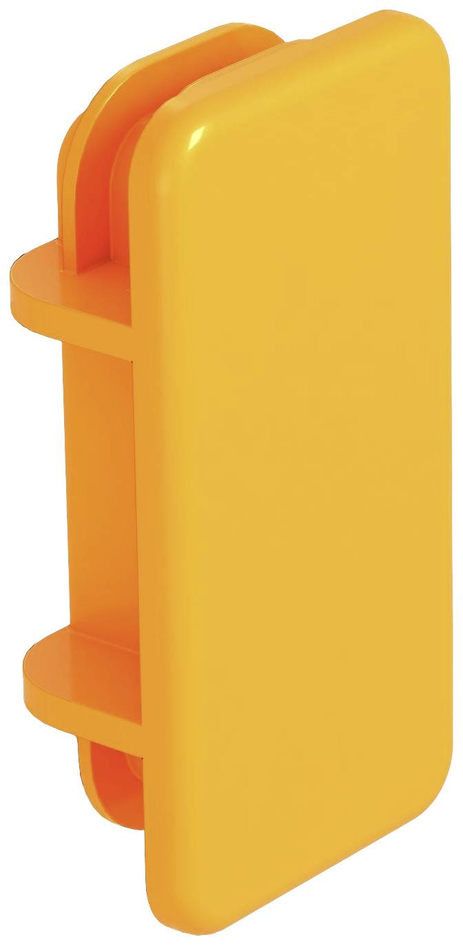 Ein orangefarbenes, rechteckiges Kunststoffteil mit abgerundeten Ecken und zwei parallelen Schlitzen an einer Seite.