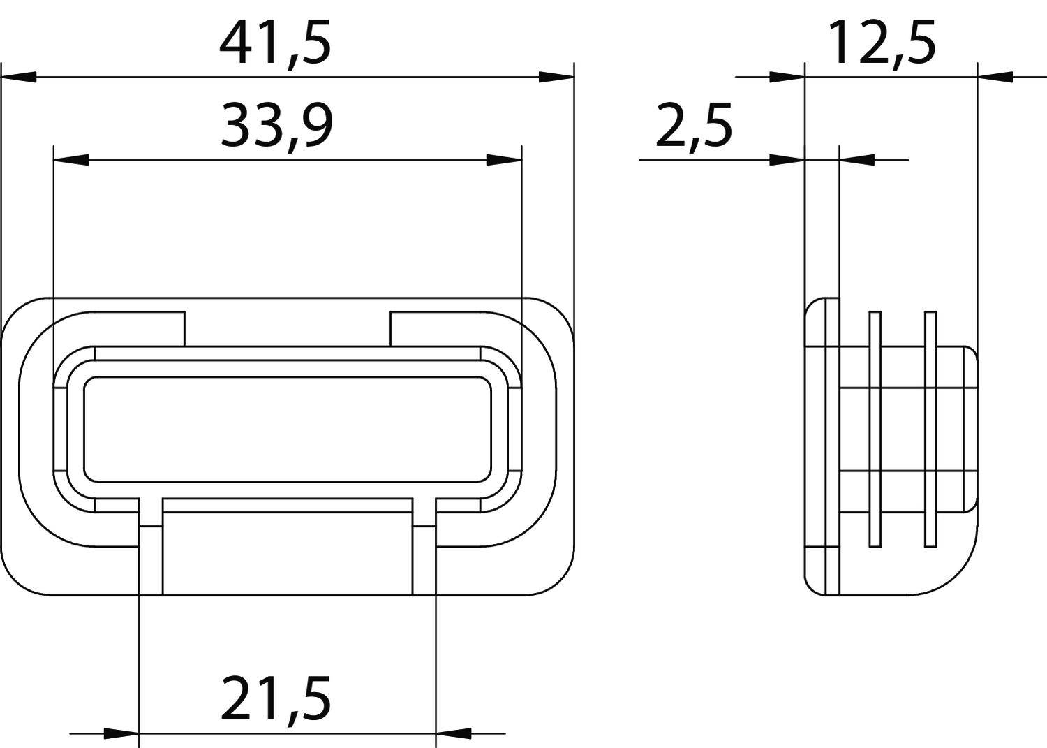 Technische Zeichnung eines rechteckigen Bauteils mit Maßen: 41,5 mm Länge, 12,5 mm Breite, 2,5 mm Höhe. Maße und Linien sind hervorgehoben.