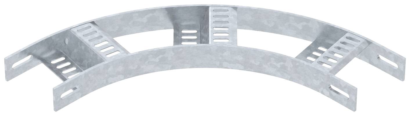 Metallbogen für Kabelrinnen mit drei verstärkten Halterungen, gebogen für Richtungswechsel in Kabelsystemen.