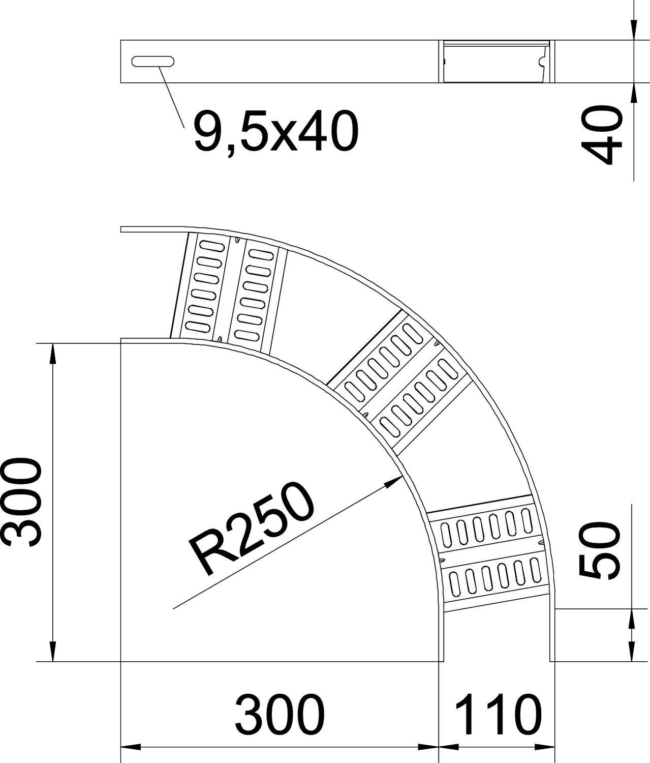 Technische Zeichnung eines gebogenen Profils mit einem Radius von 250 mm. Die Maße sind 300x300 mm, Höhe 50 mm und Dicke 40 mm.
