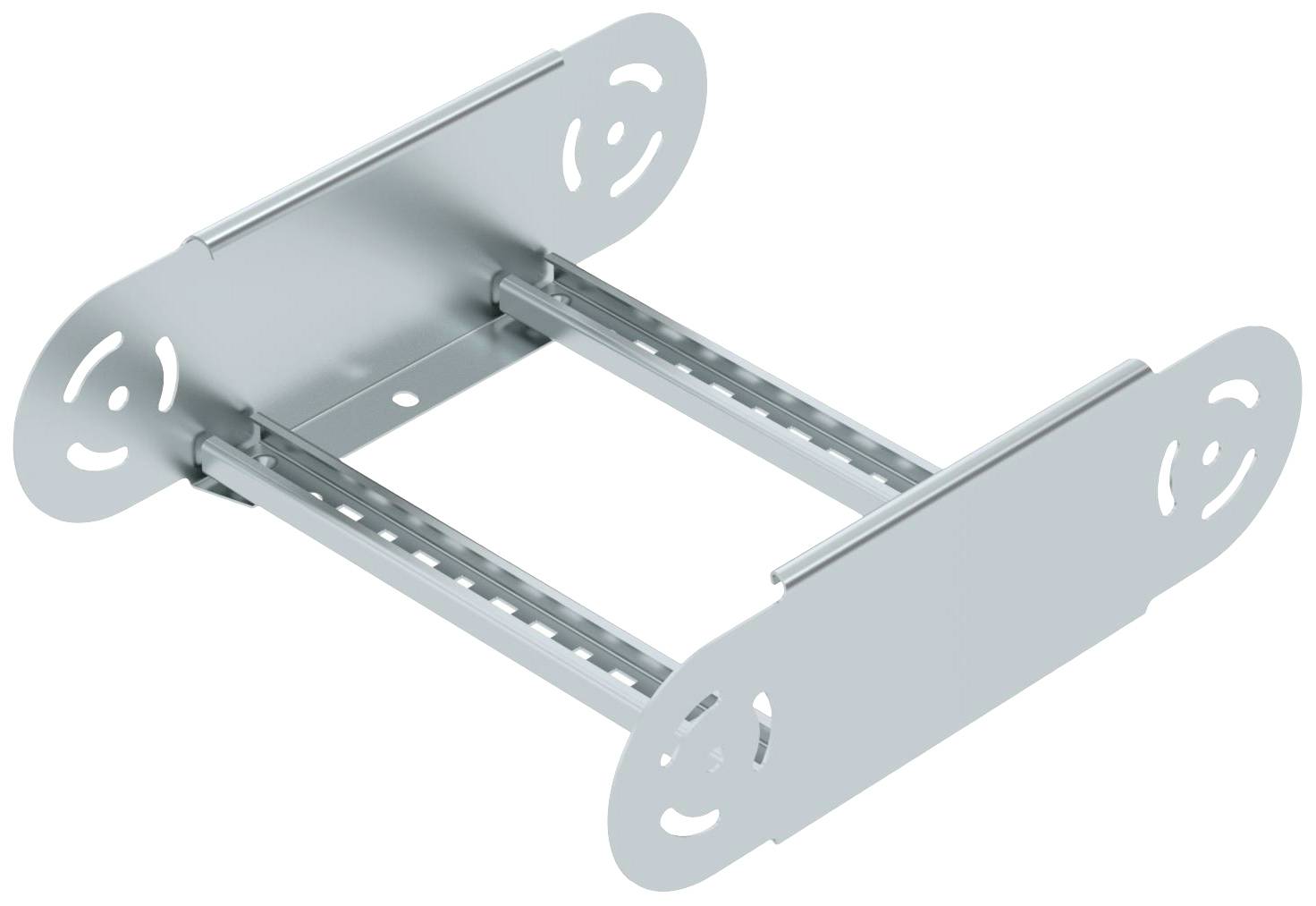 Ein verstellbarer Halterungsträger aus Metall mit Schienen und ovalen Endplatten. Geeignet zur Montage von Geräten oder Elementen.