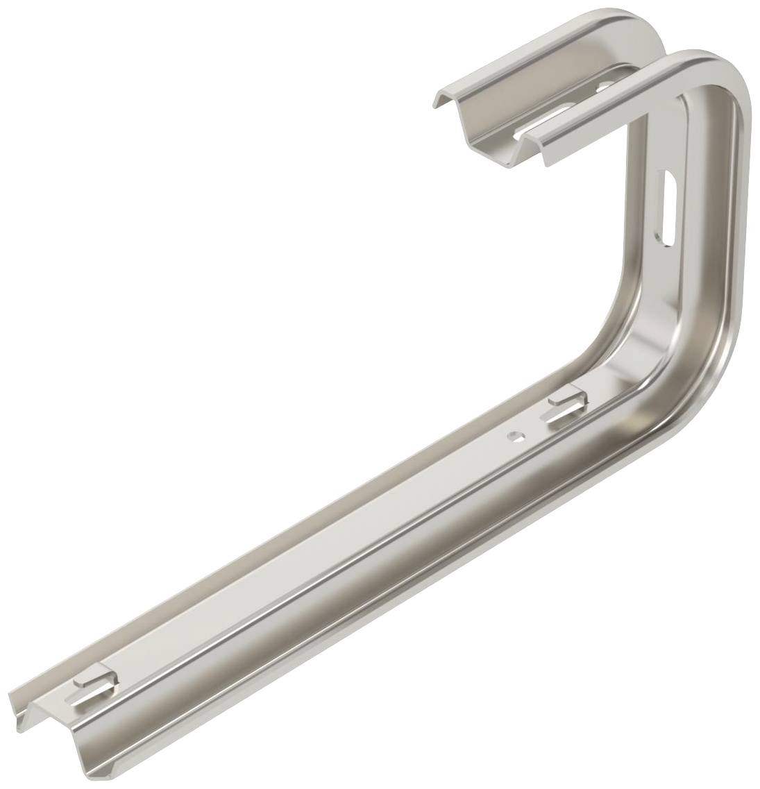 Metallwinkelhalterung mit L-Form, Schraubenlöchern und gebogener Kante, verwendet zur Befestigung an Wänden oder anderen Oberflächen.