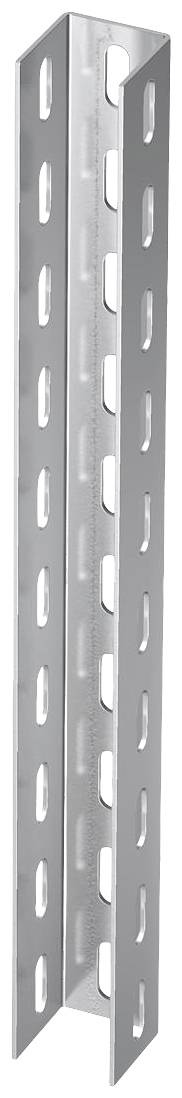 Metallschiene mit perforiertem U-Profil, vertikal ausgerichtet. Geeignet für Regalkonstruktionen oder befestigende Anwendungen.
