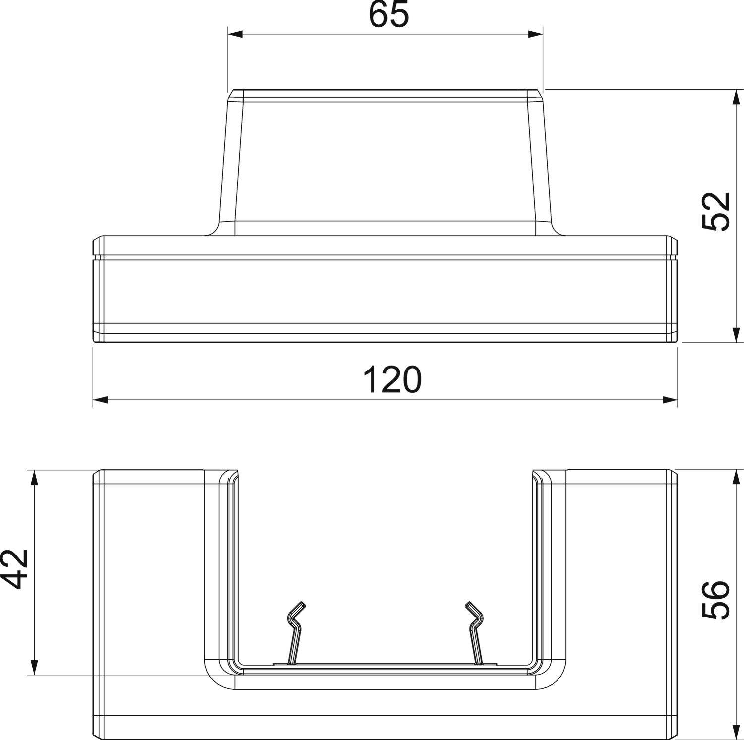 Technische Zeichnung einer Halterung mit Abmessungen: Breite 120 mm, Höhe 52 mm, weitere Details 65 mm, 56 mm und 42 mm.