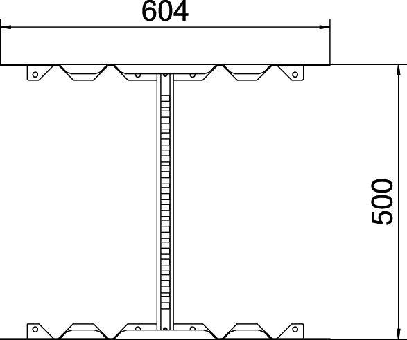 Technische Zeichnung eines Profils mit den Maßen 604 mm Breite und 500 mm Höhe, inklusive Detail der inneren Struktur.