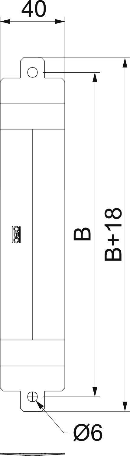 Technische Zeichnung eines rechteckigen Objekts mit Maßen; Länge: 'B', Breite: 'B+18', obere Breite: 40, untere Durchmesser: Ø6.