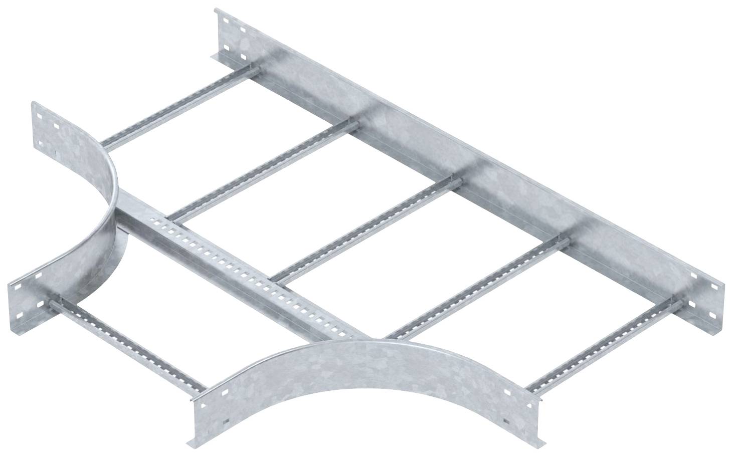 Ein verzinktes Stahldrahtkabelrinnensystem in Kurvenform, das für die Installation von Kabeln verwendet wird.