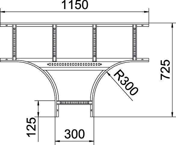 Technische Zeichnung einer Kabeltrassenverbindung. Maße: 1150 x 725 mm, mit einem Bogenradius von 300 mm, Tiefe 125 mm.
