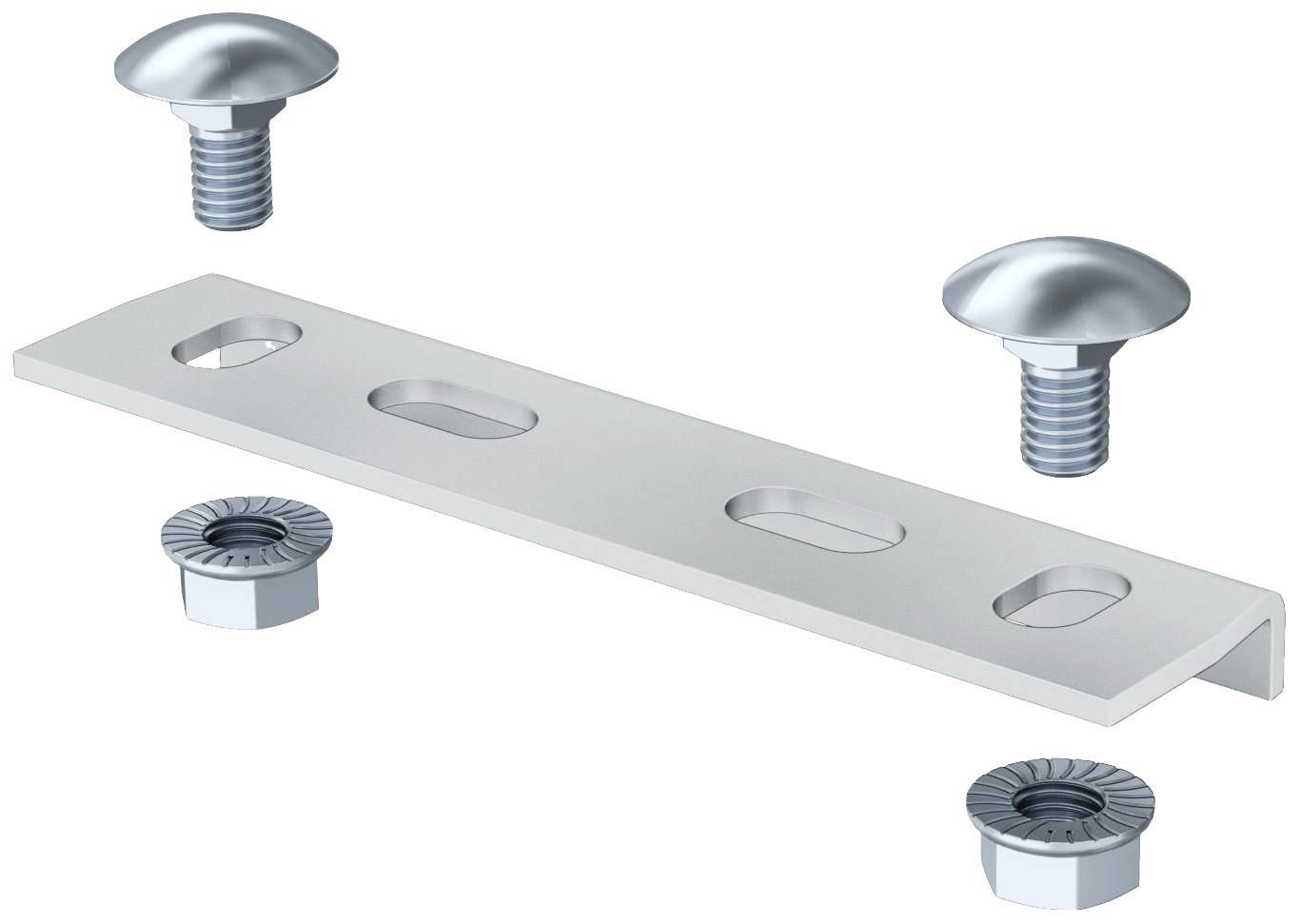 Metallplatte mit drei abgerundeten Schraubenlöchern, zwei Schrauben und zwei Muttern. Eignet sich für Befestigungsanwendungen.