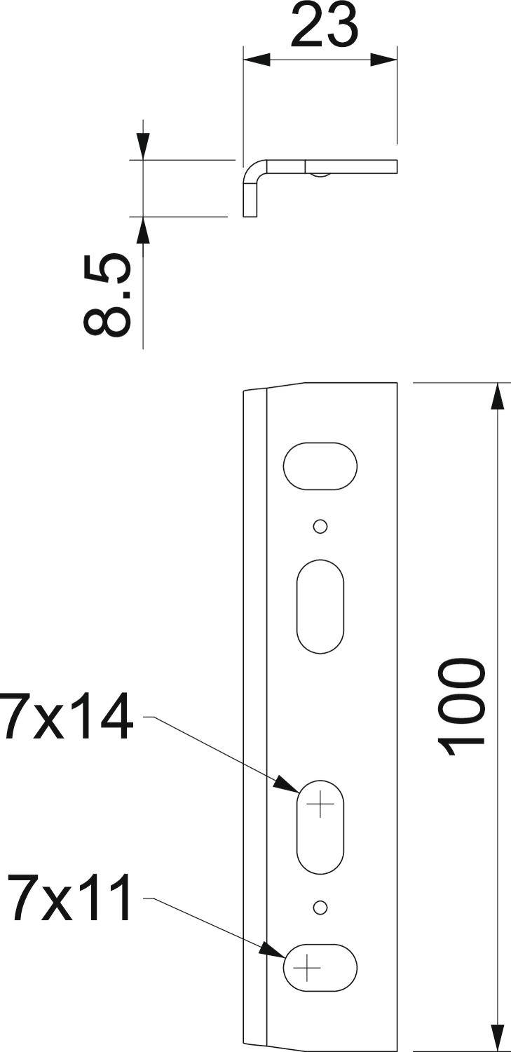 Technische Zeichnung eines Langschildes mit Maßen: 100 mm Höhe, 23 mm Breite, Bohrlochgrößen 7x14 und 7x11, und 8,5 mm Abstand zur Kante.