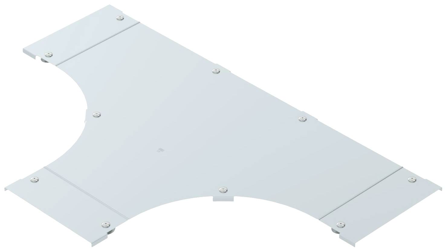 Metallverbindungsstück in T-Form, flachliegend, mit Schraubenlöchern an den Ecken und Kanten, dient zur Befestigung von Strukturen.
