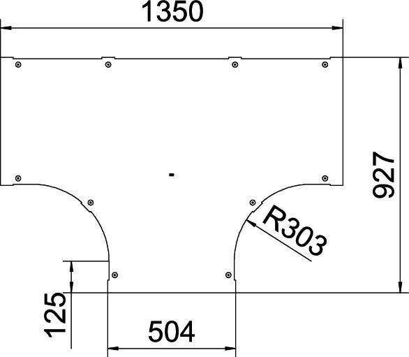 Zeichnung eines rechteckigen Objekts mit abgerundeten Kanten und symmetrischen Aussparungen. Maße: Breite 1350, Höhe 927.