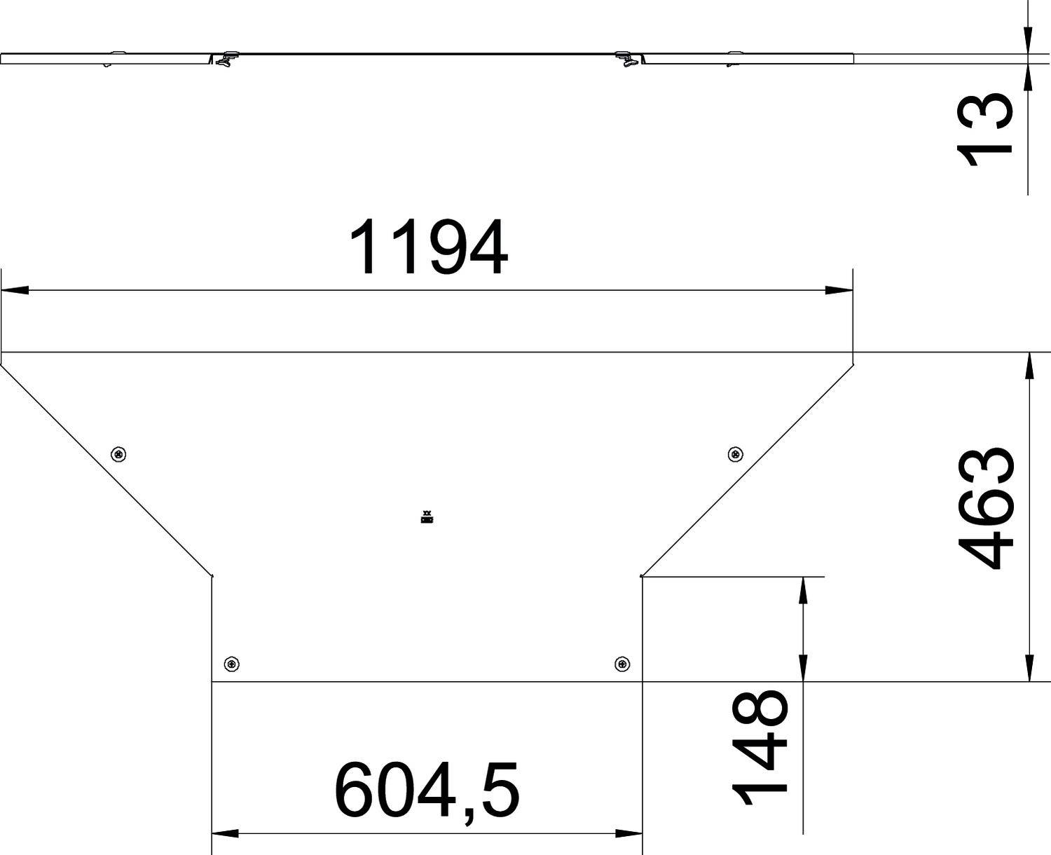 Technische Zeichnung einer trapezförmigen Metallplatte mit folgenden Maßen: Breite 1194 mm, Höhe 463 mm, Basis 604,5 mm, seitliche Höhe 148 mm.