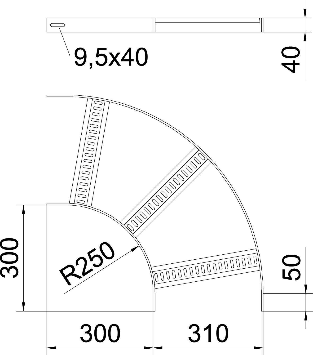 Technische Zeichnung einer abgerundeten Ecke mit Maßen: Länge 300, Bogenradius R250, Höhe 300, Breite 40, Dicke 9,5 mm.