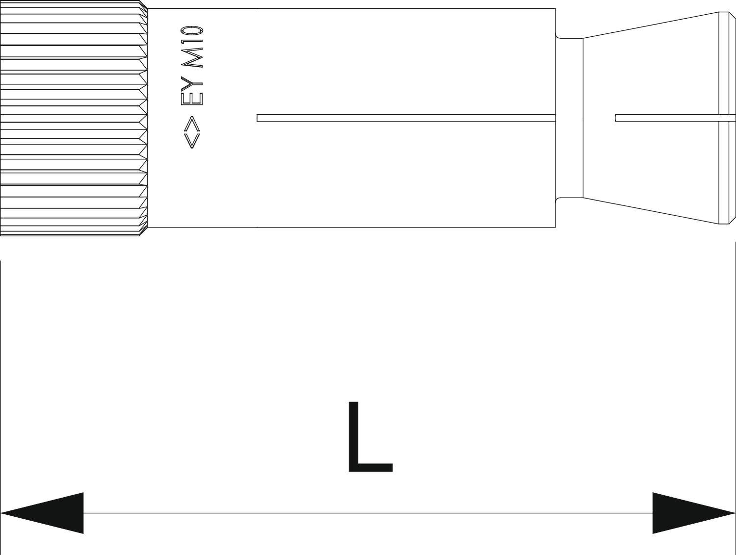 Technische Zeichnung eines zylindrischen Teils mit einem geriffelten Abschnitt links, beschriftet mit 'EY M10' und Pfeil kennzeichnet Länge 'L'.
