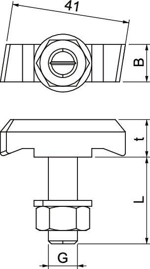 Technische Zeichnung einer Schraube. Oben: Ansicht von oben mit Maß 41. Unten: Seitenansicht mit Maßen B, t, L, G.