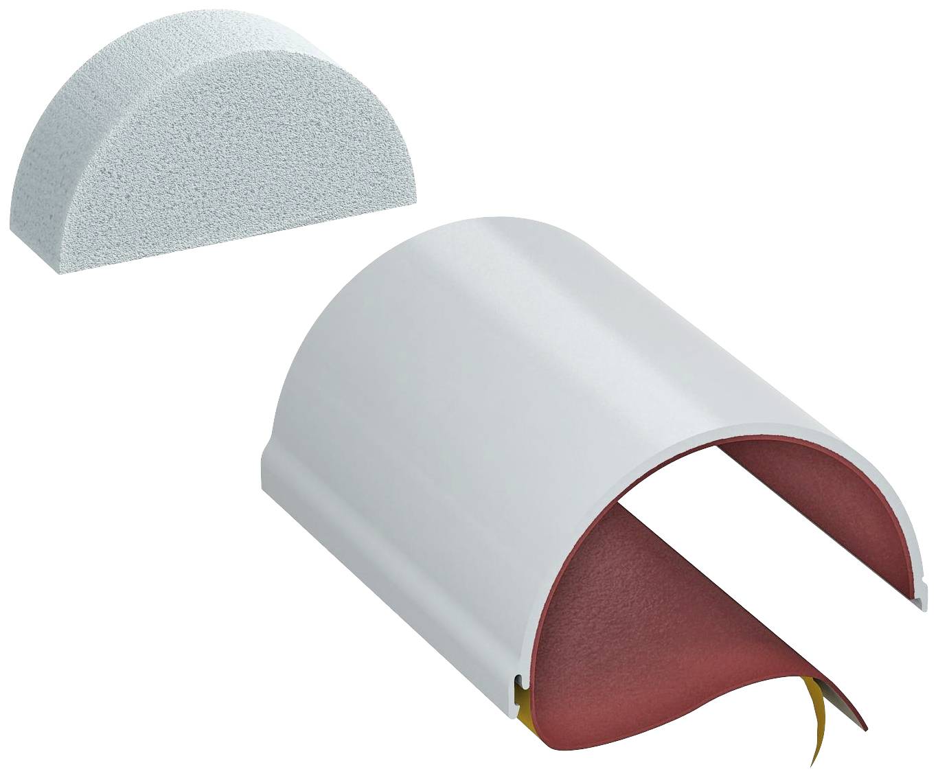 Ein Querschnitt eines halbzylindrischen Isoliermaterials, innen rot und außen grau. Daneben eine halbrunde Schaumstoffform.