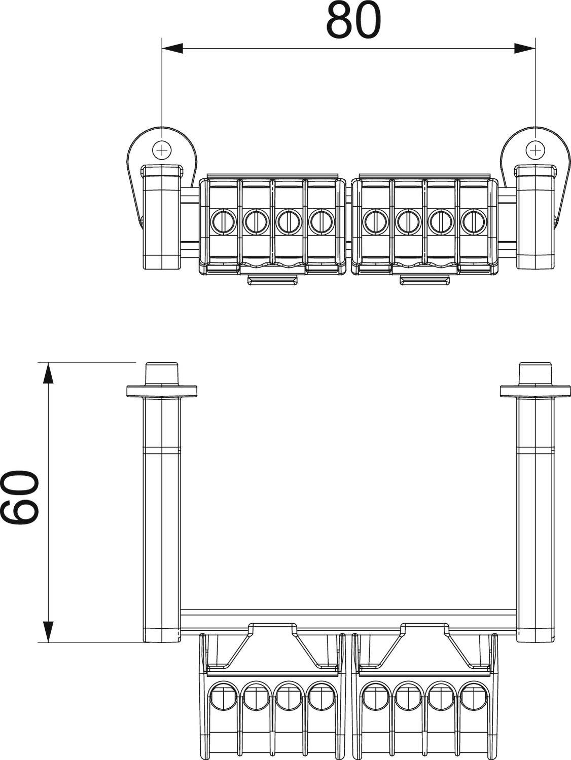 Technische Zeichnung eines Steckverbinders. Ansichten von vorne und der Seite mit Maßangaben: Breite 80 mm, Höhe 60 mm.