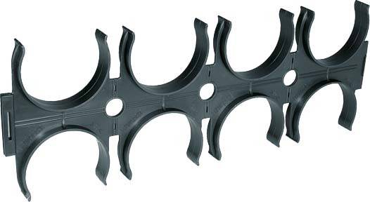 Schwarze, flexible Kabelhalterung aus Kunststoff mit mehreren Clips in einer Reihe zur Befestigung von Kabeln an einer Wand oder Oberfläche.