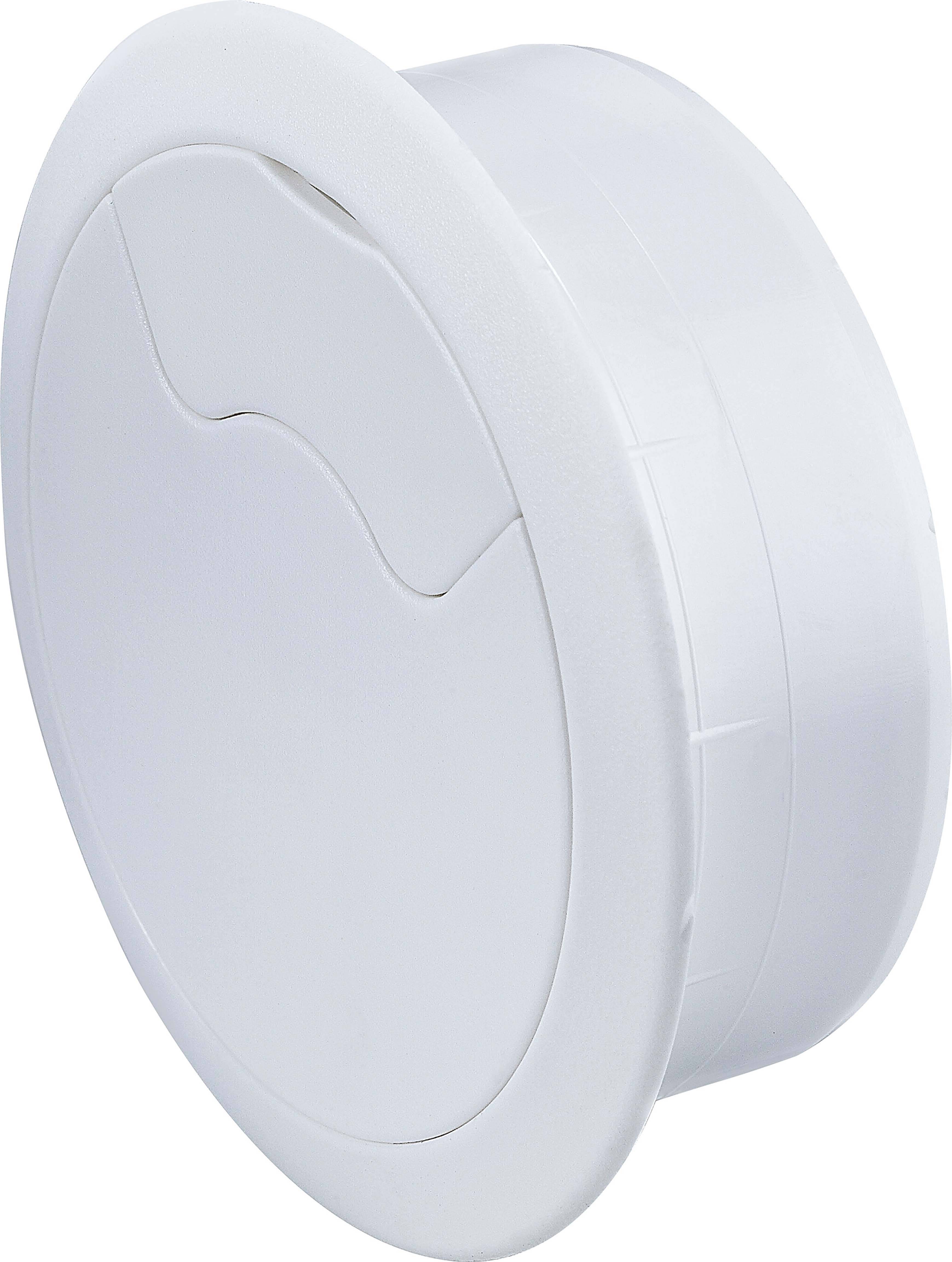 Eine runde, weiße Kabeldurchführung mit flachem Rand, geeignet für den Einsatz in Schreibtischen oder Arbeitsflächen zur Kabelorganisation.