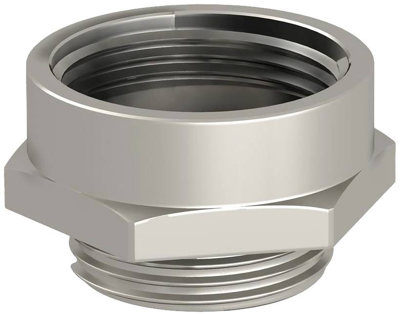 Ein silbernes, zylindrisches Metallgewinde, oft verwendet für Schläuche oder Rohre, glänzende Oberfläche, isolierter Hintergrund.
