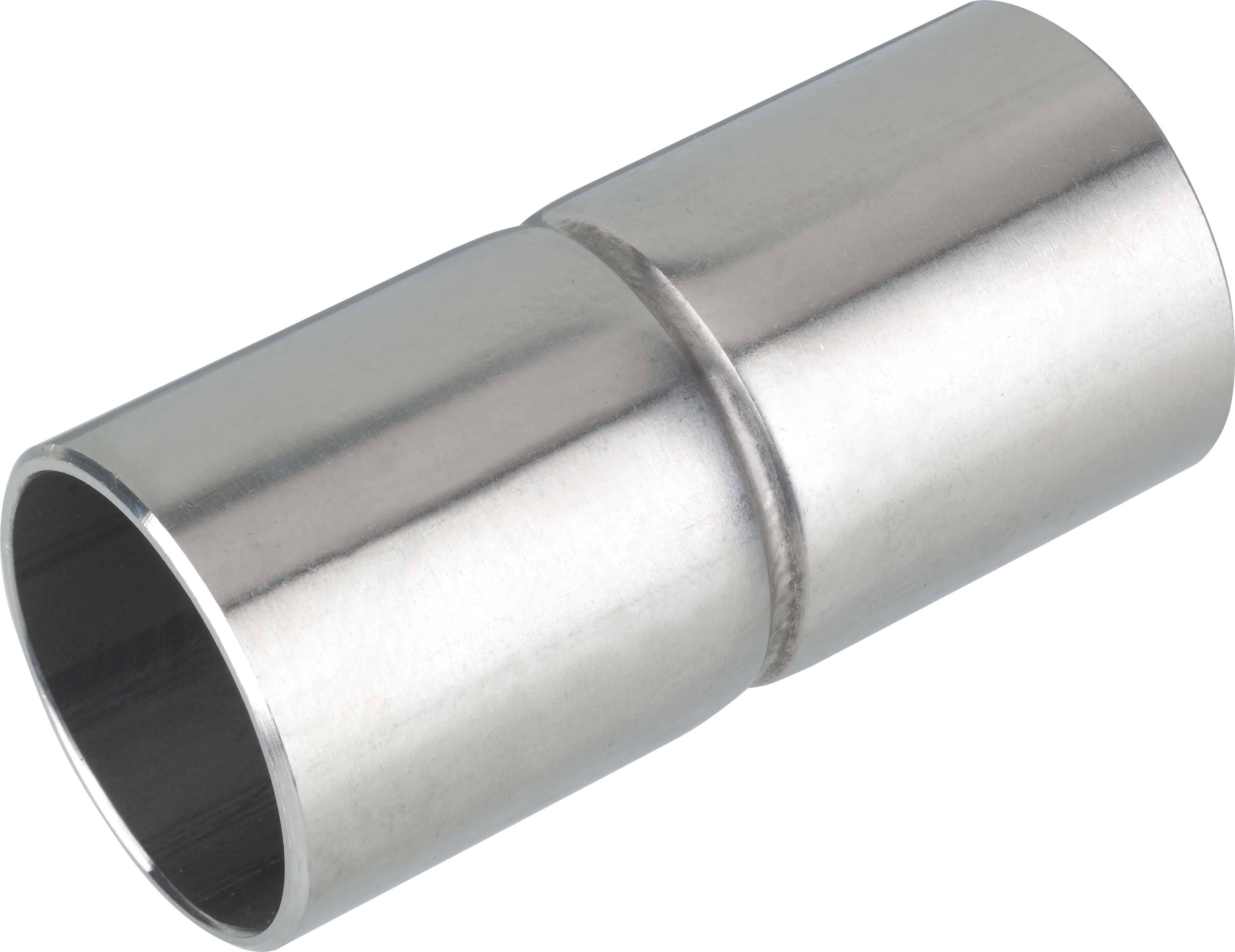 Metallrohrverbinder aus Edelstahl, zylindrische Form, verwendet für das Verbinden von Rohren oder Konstruktionsteilen.