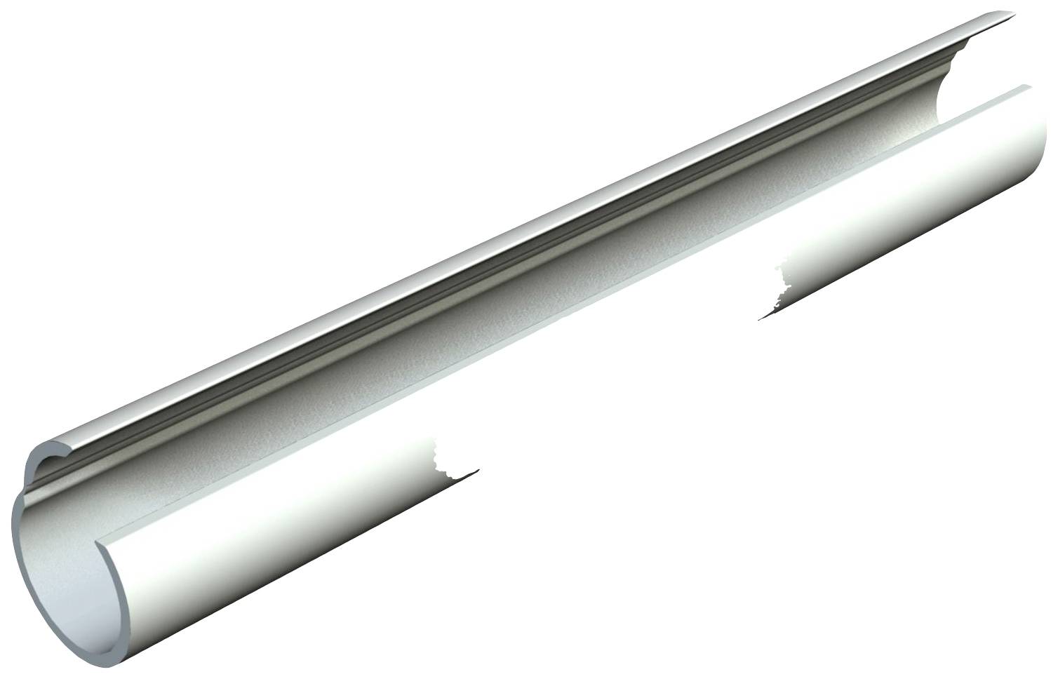 Metallrohr in halbzylindrischer Form mit offenem Schlitz entlang der Oberseite, dargestellt in einer perspektivischen Ansicht.