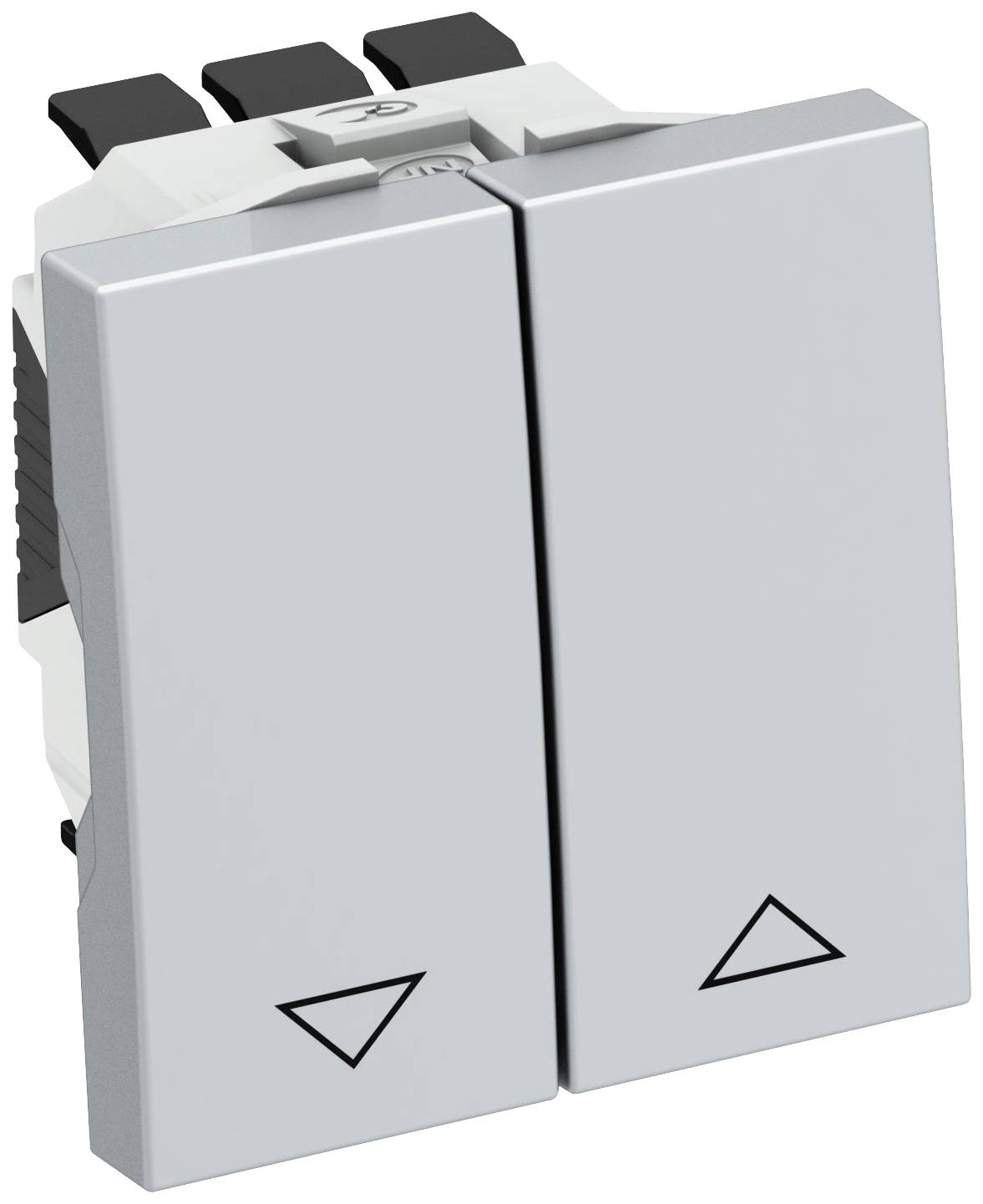 Ein Lichtschalter mit zwei Tasten, jede mit einem Pfeilsymbol nach unten, zeigt eine Vorrichtung zum Steuern von elektrischen Geräten.