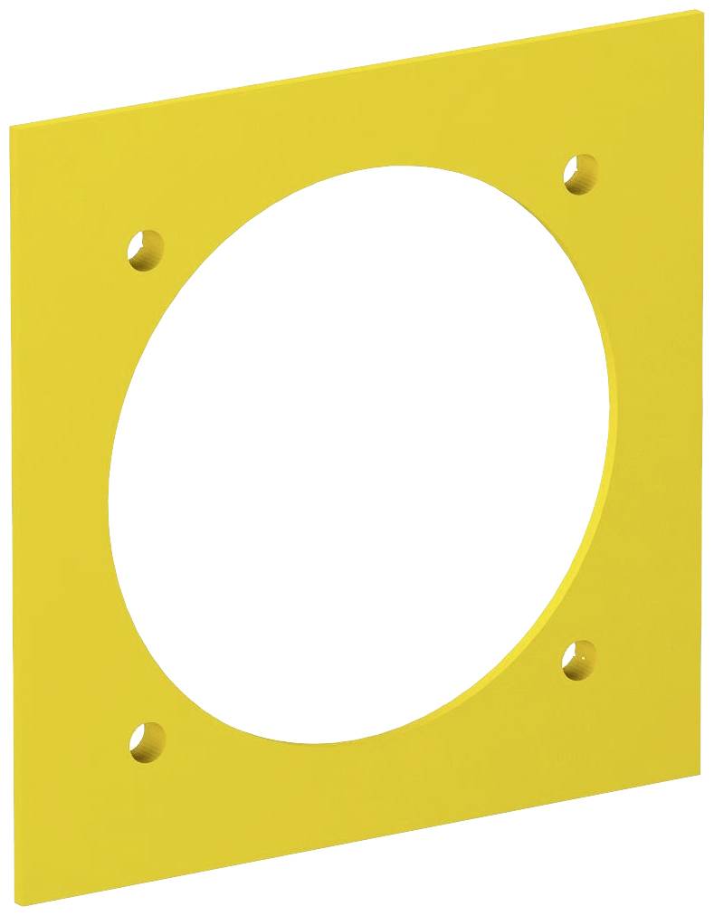 Gelbe quadratische Platte mit zentralem, kreisförmigem Ausschnitt und vier Löchern an den Ecken. Geeignet für Montagezwecke.