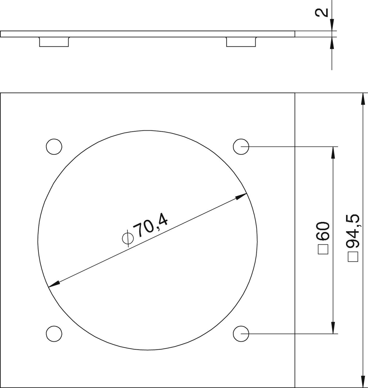 Technische Zeichnung einer rechteckigen Platte mit einem großen zentralen Kreis, Durchmesser 70,4 mm. Maße: 94,5 mm x 60 mm x 2 mm.