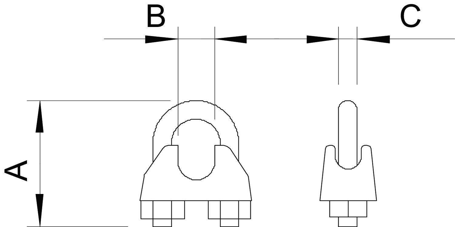 Technische Zeichnung eines Drahtseilklemms, Maße: A, B, C markiert, Vorderansicht und Seitenansicht des Bauteils dargestellt.