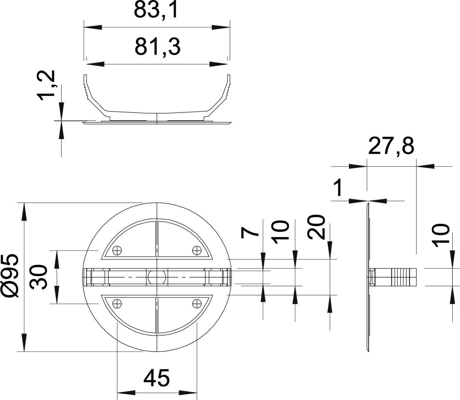 Technische Zeichnung eines kreisförmigen Bauteils mit Maßen. Oben: Durchmesser 95, Breite 83,1, Höhe 1,2. Seiten- und Draufsicht.