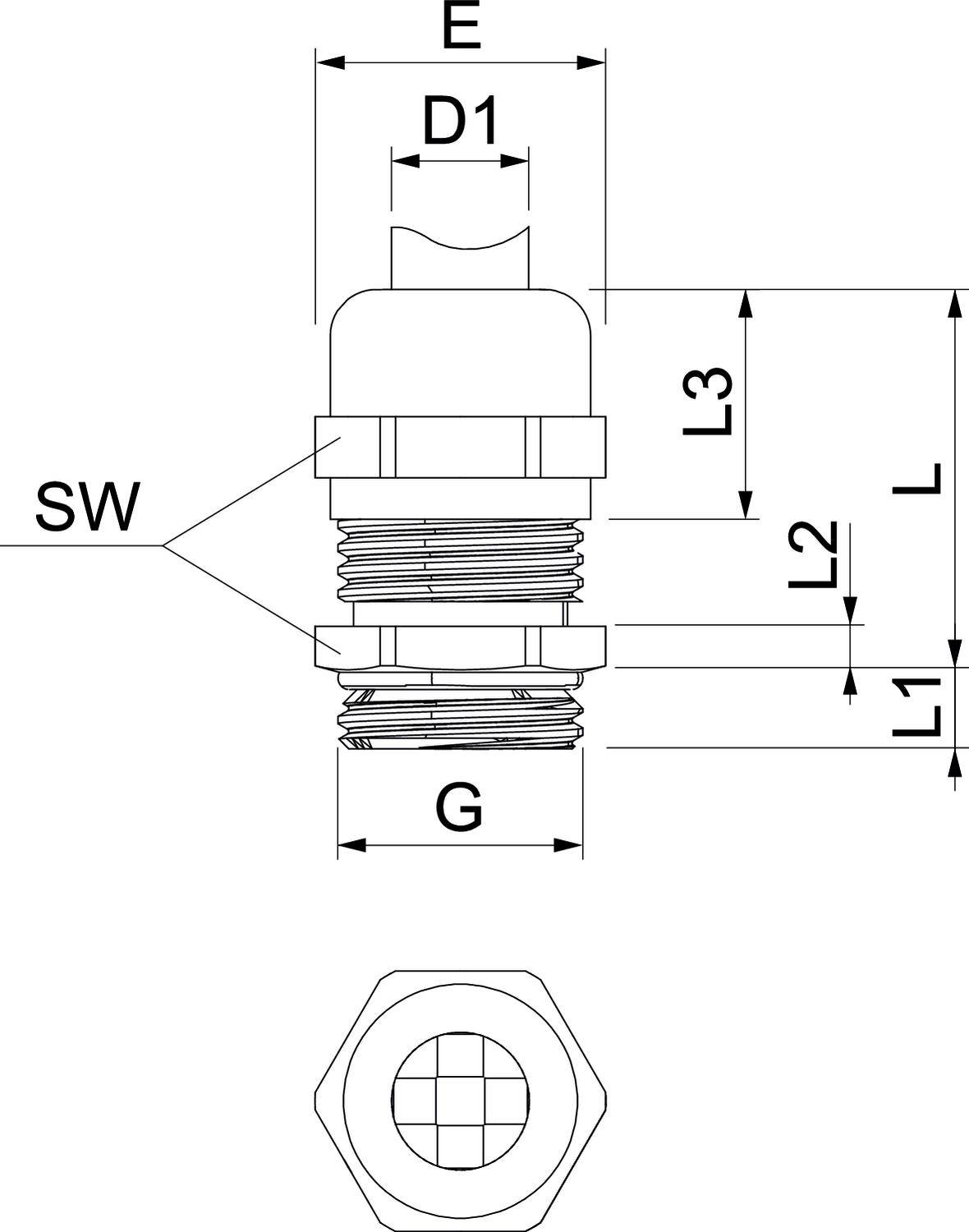 Technische Zeichnung eines Schraubverbinders mit Maßangaben: E, D1, G, L, L2, L3, SW. Seitenansicht oben, Draufsicht unten.