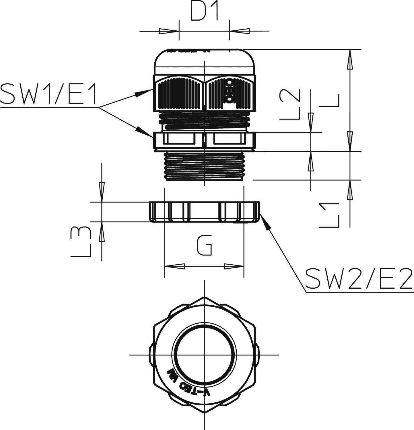 Technische Zeichnung eines Kabelverschraubungssystems mit Maßangaben: D1, SW1/E1, L1, L2, L3, G, und SW2/E2 im Seiten- und Draufsicht.