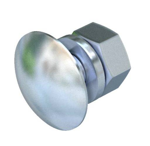 Metallschraube mit rundem, glattem Kopf und sechseckiger Mutter, seitliche Ansicht.