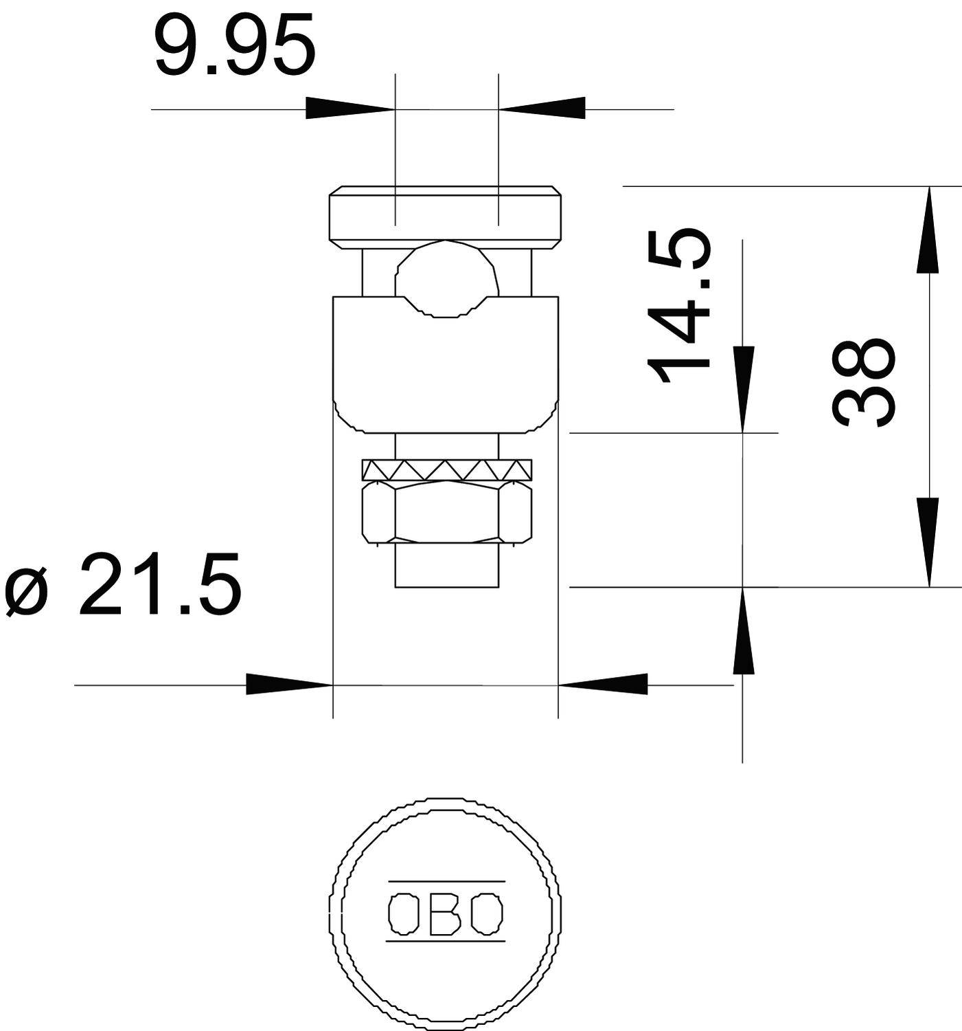 Technische Zeichnung eines Zylinders mit einem Durchmesser von 21,5 mm und einer Höhe von 38 mm. Oben ist 'OBO' eingraviert.