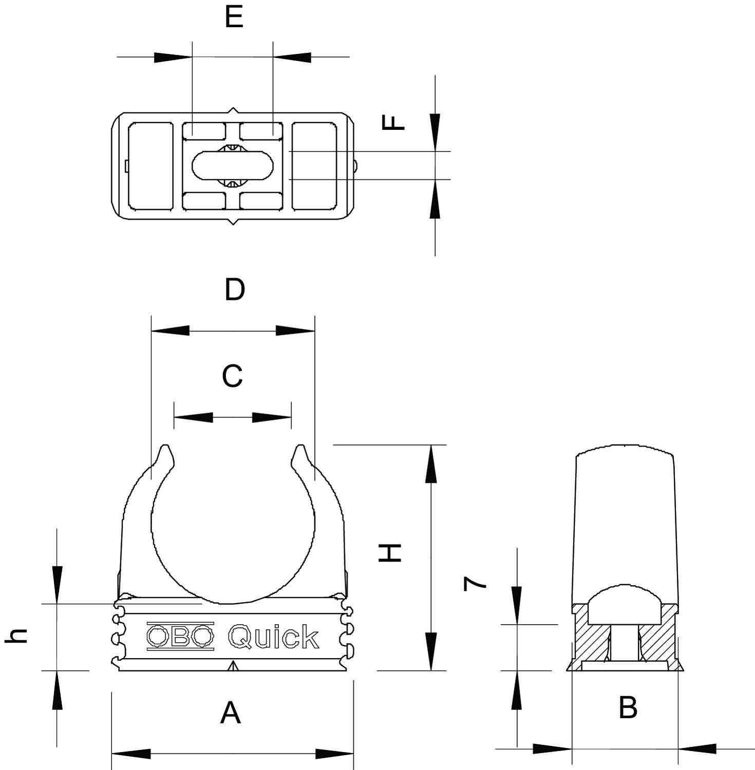 Zeichnung einer Rohrschelle mit Maßen. Die Vorderansicht zeigt die Breite (A) und Höhe (H), die Seitenansicht die Tiefe (B), die Draufsicht die Breite (D).
