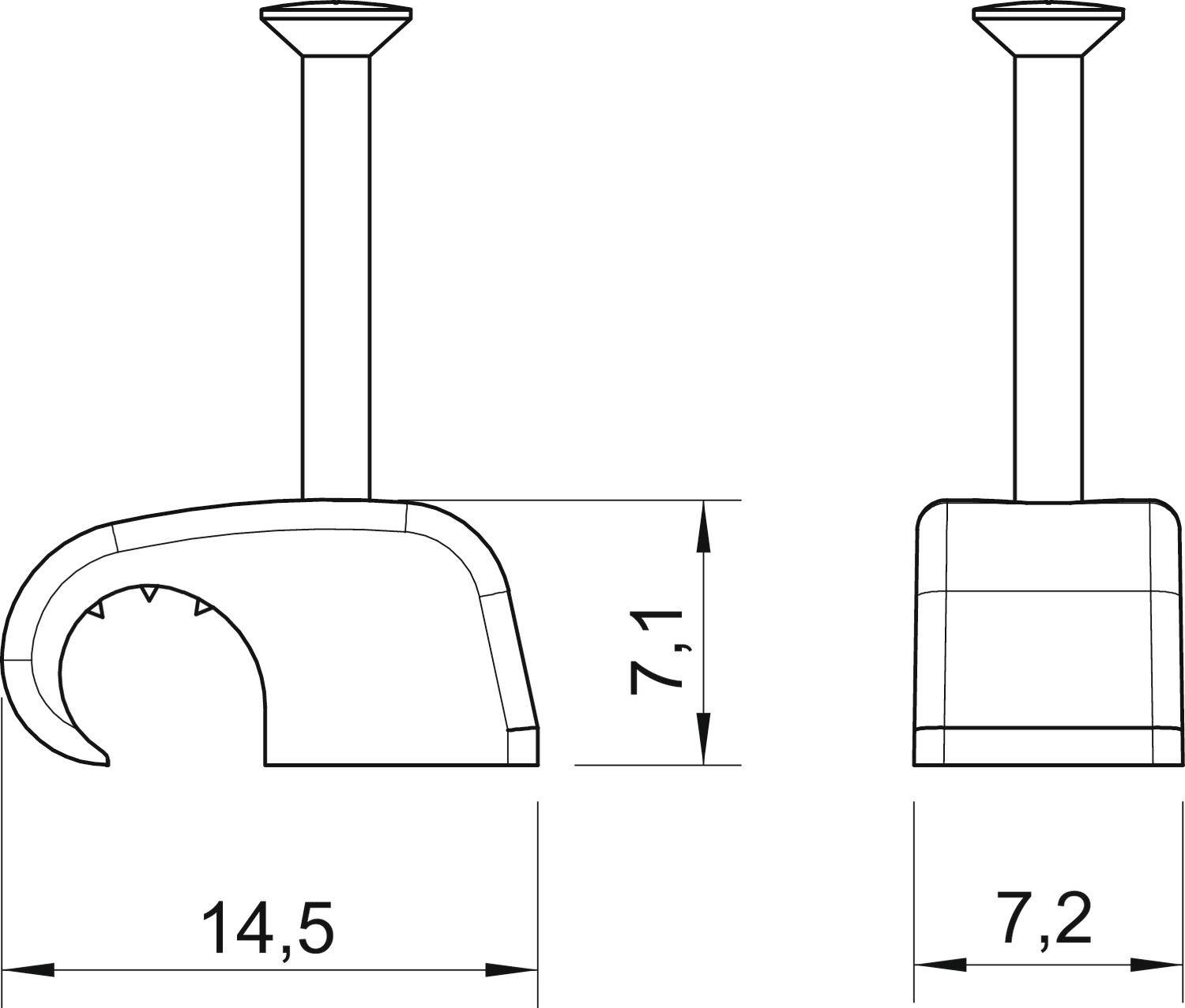 Zwei technische Zeichnungen eines Hakens mit Maßen: Breite 14,5 cm, Höhe 7,1 cm und eines quadratischen Ständers mit Breite 7,2 cm.