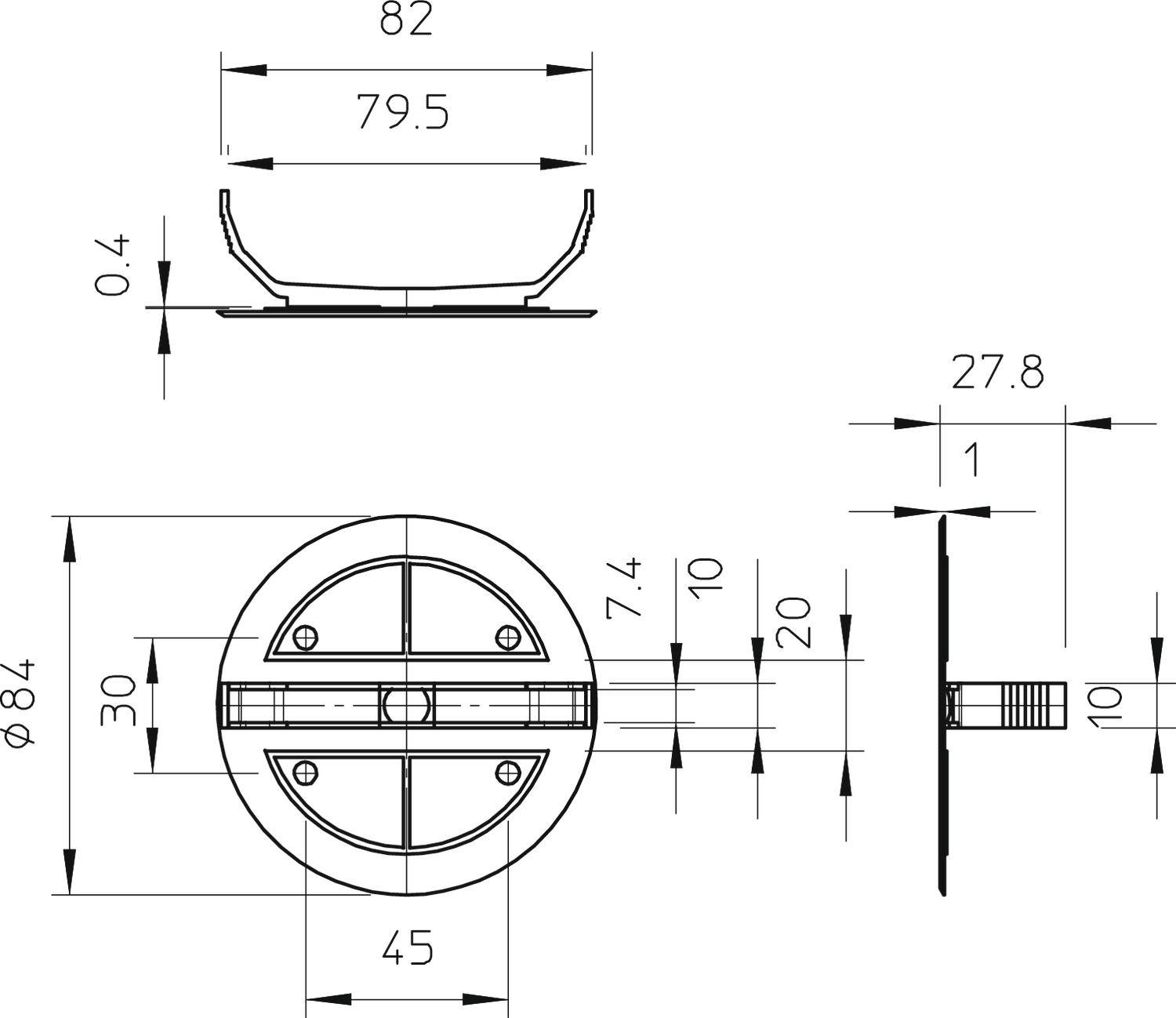 Technische Zeichnung einer runden Komponente mit Abmessungen. Zeigt Ansichten von oben und der Seite, inklusive Maßangaben in Millimetern.