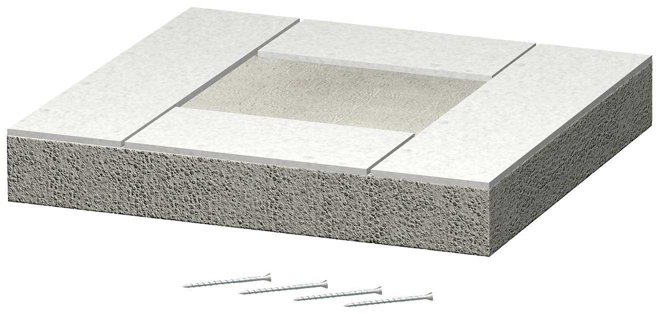 Betonplatte mit einer zentralen Vertiefung, die von vier rechteckigen Betonsegmenten umgeben ist. Vier Schrauben liegen davor.