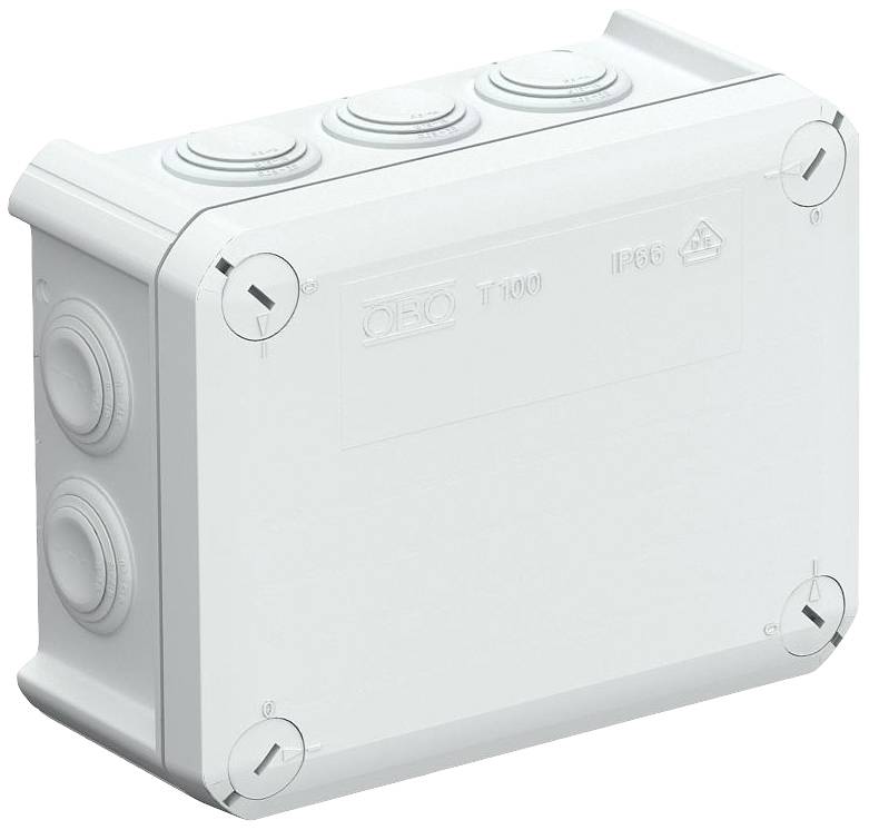 Elektrische Verteilerdose aus Kunststoff, rechteckig, weiß, mit mehreren herausnehmbaren Kabelanschlüssen an den Seiten.