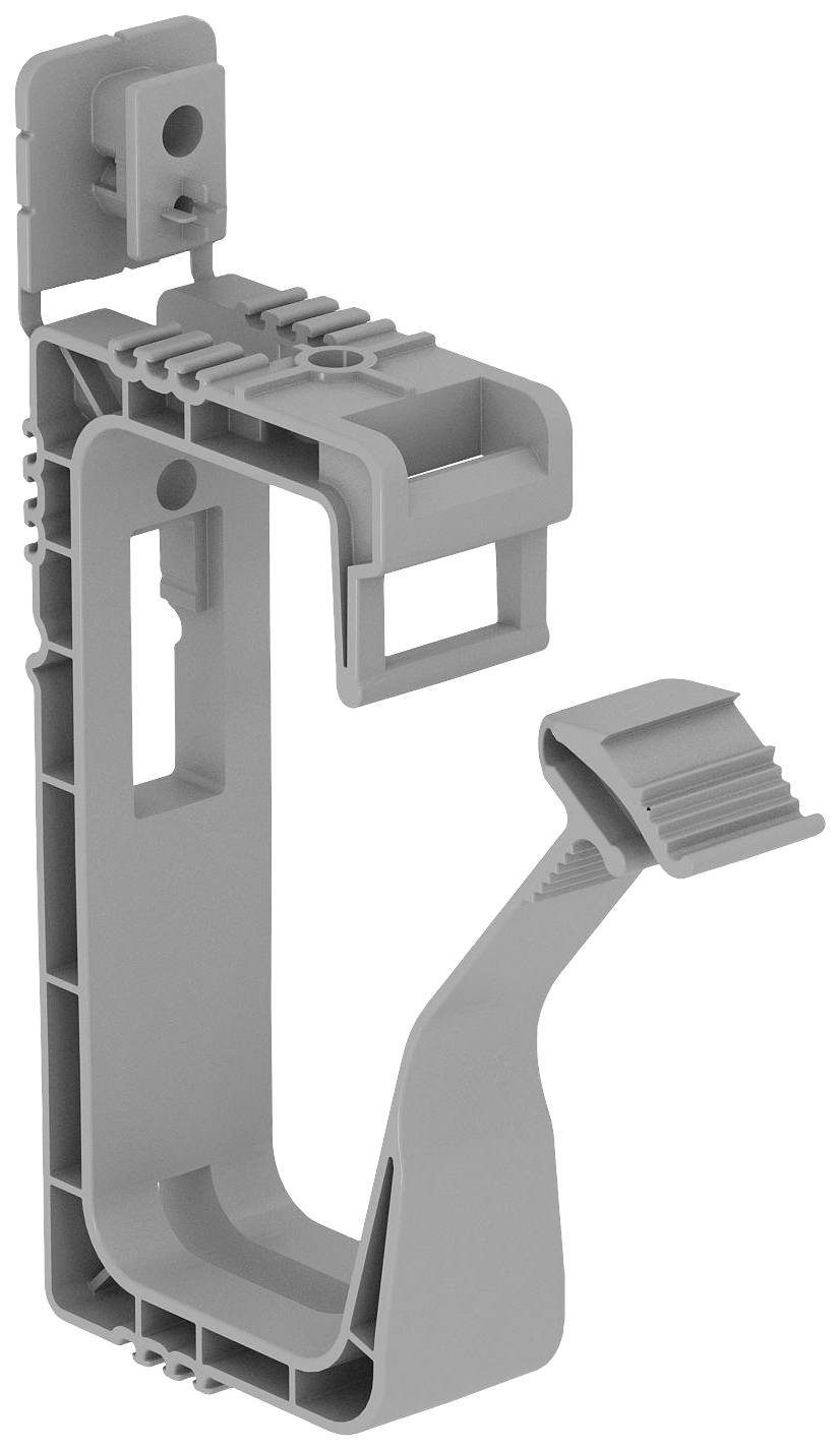 Grauer Kunststoffhaken, der zur Befestigung an einer Wand geeignet ist. Details wie Rillen und Öffnungen für Schraubenmontage erkennbar.