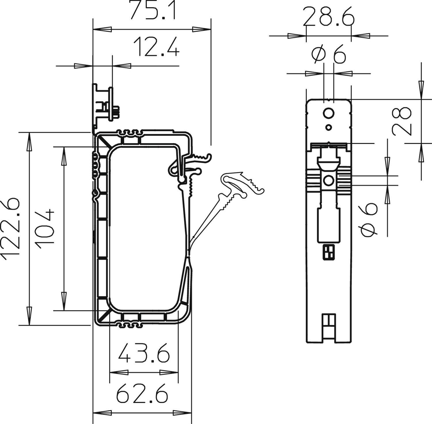 Technische Zeichnung eines Fensterprofils mit Maßen: Breite 75,1 mm, Höhe 122,6 mm, andere entscheidende Details sind markiert.